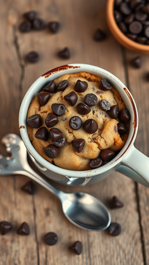 A warm chocolate chip cookie in a mug, with melted chocolate chips on top, on a wooden table.